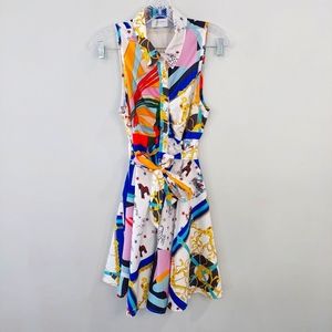 HalfHeart dress Large button front tie waist collared fun multicolor print